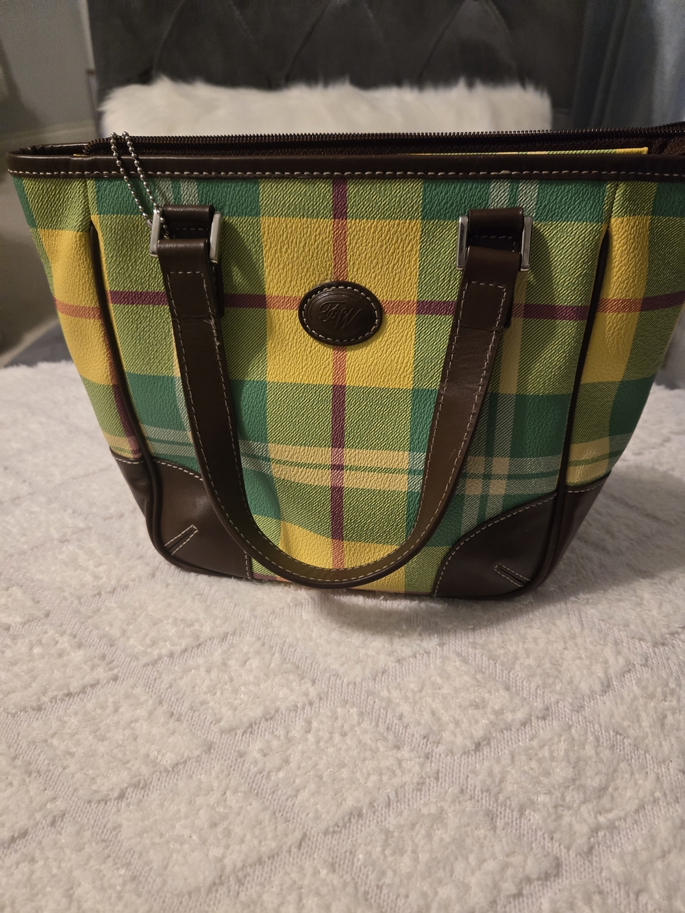 Teenie Weenie Yellow & Green Plaid Tote with Brown Trim